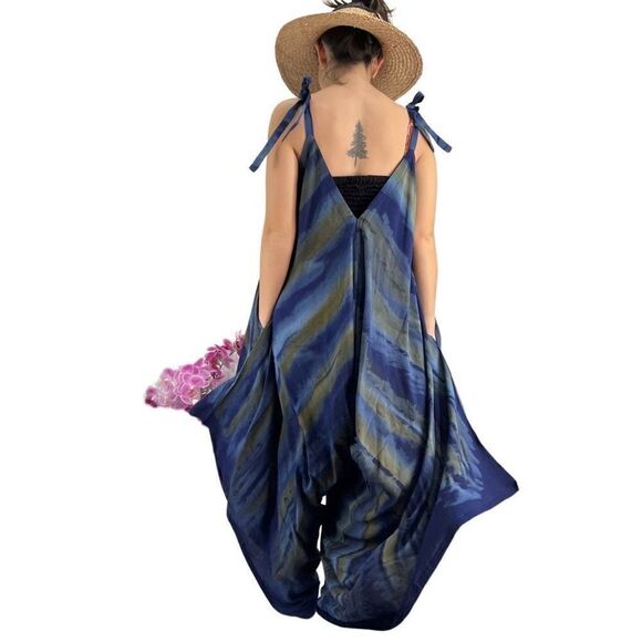 Pōʻalima Blue Tan Tropical Boho Wide Leg Beach Romper - Picture 13 of 14